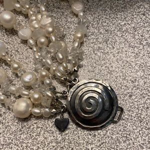 Saltwater Pearl Crystal Sterling Silver Beaded Bracelet Summer Beach White EUC!!